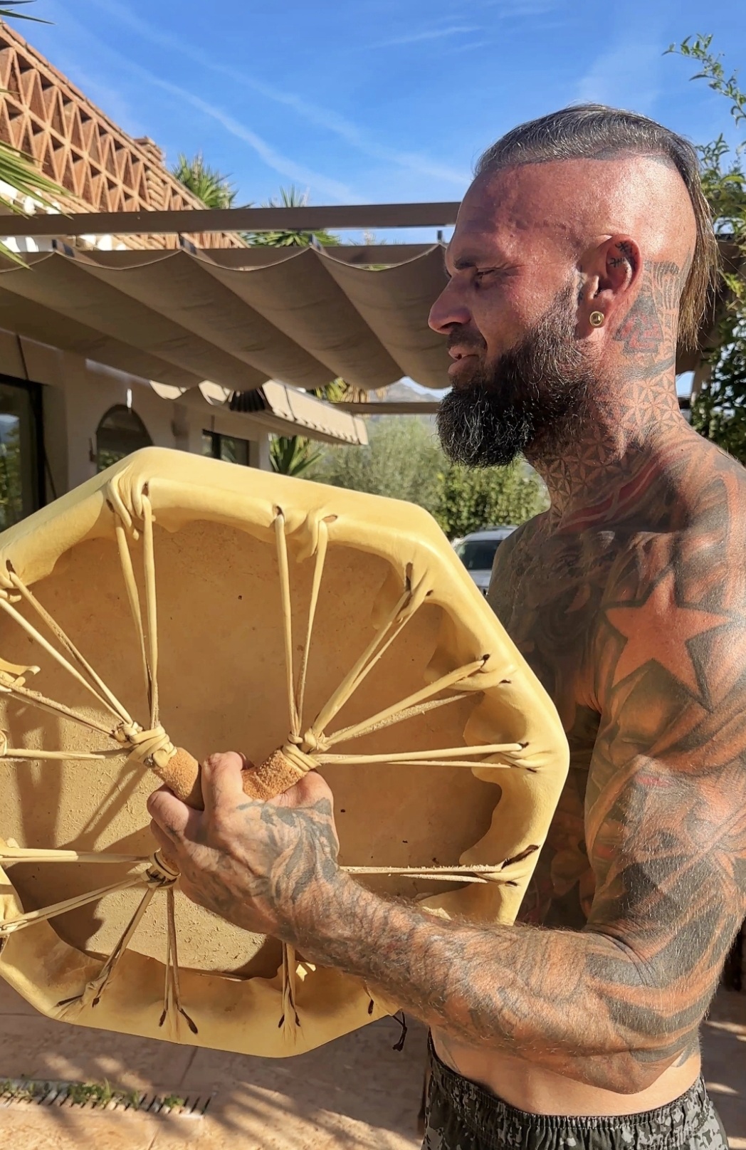 Patrick with a shamanic drum on Costa Tropical